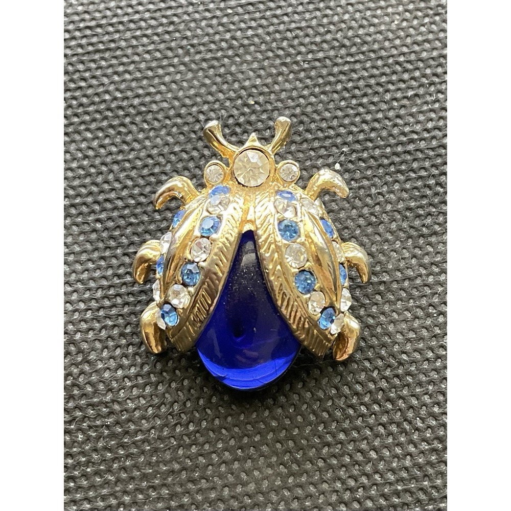 vintage gold-tone ladybug brooch large royal blue "jelly belly" Blue Rhinestone